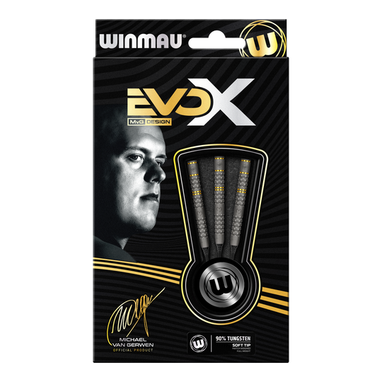 Winmau Michael Van Gerwen Evo-X soft darts - 20g Die Abbildung zeigt die Verpackung der "Winmau Michael Van Gerwen Evo-X Softdarts - 20g". Auf der Vorderseite sind drei Softdarts sowie ein Porträt von Michael Van Gerwen zu sehen.