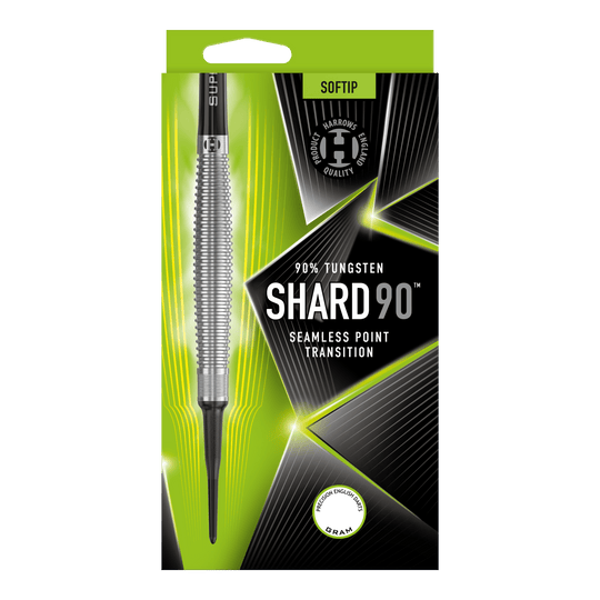 Harrows Shard Soft Darts Das Bild zeigt die Verpackung der Harrows Shard Softdarts. Auf der Verpackung steht, dass die Darts aus 90% Tungsten bestehen und eine nahtlose Spitzenübergang-Technologie haben.