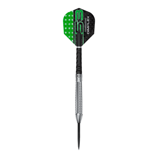 Harrows Dimplex S3 Tapered Steel Darts Auf dem Bild ist ein Harrows Dimplex S3 Tapered Steeldart zu sehen. Der Dartpfeil hat eine silberne, geriffelte Spitze und grün-schwarze Flights.