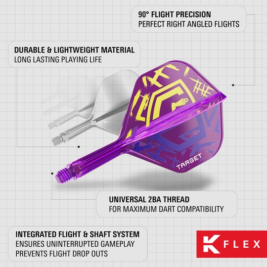 Target K-Flex Luke Littler World Champion 2025 No2 Standard Flights Das Bild zeigt die Target K-Flex Luke Littler World Champion 2025 No6 Flights in auffälligem lila Design. Die Dartflüge sind langlebig, leicht und bieten eine präzise 90°-Ausrichtung sowie ein integriertes System für unterbrechungsfreies Spielen.