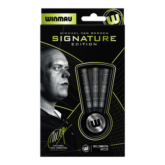 Winmau Michael Van Gerwen Signature Edition Softdarts - 20g Abgebildet sind die Winmau Michael Van Gerwen Signature Edition Softdarts mit 20g Gewicht. Die Aufnahme zeigt drei einzelne Softdarts.
