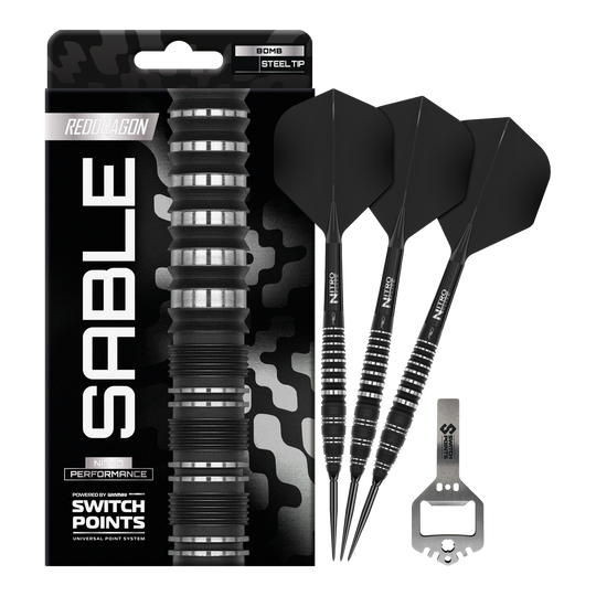Red Dragon Sable Bomb Switch Point Steel Darts Das Bild zeigt Red Dragon Sable Bomb Switch Point Steeldarts in voller Ansicht. Diese Darts bieten eine ausgezeichnete Balance und Kontrolle.