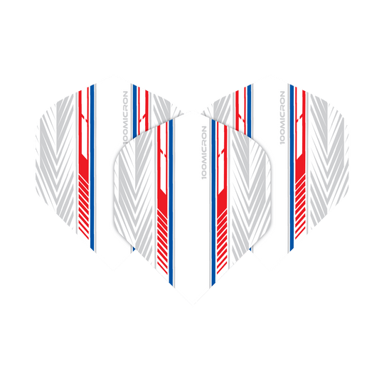 Das Bild zeigt die "Pentathlon White Red Blue No2 Standard Flights". Die Flights sind überwiegend weiß mit roten, blauen und grauen Linienmustern.