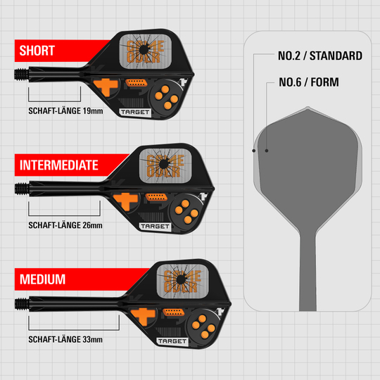 Das Bild stellt die Target K-Flex Game Over No6 Flights dar. Diese Flights sind speziell für Darts entwickelt.