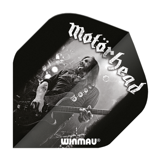 Das Bild zeigt ein schwarzes Dartflight mit dem Motiv von Lemmy von Motörhead. Oben steht "Motörhead" und unten ist das Winmau-Logo zu sehen.