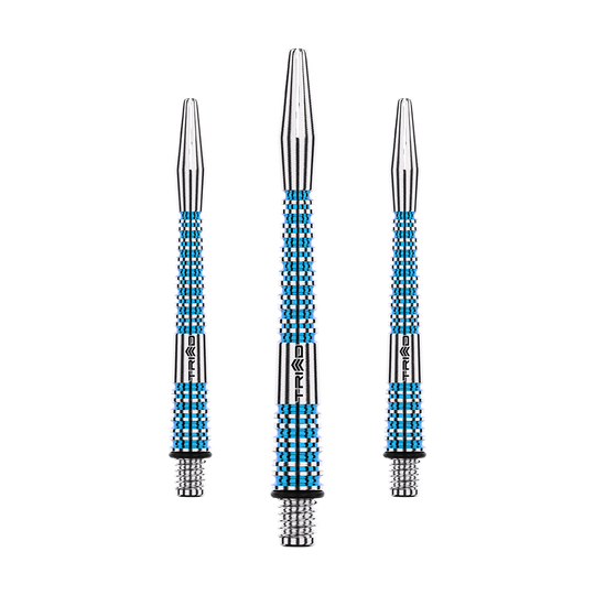 Winmau Triad RX Aluminium Shafts - Blau Auf dem Bild sind drei blaue Aluminium-Dartschäfte zu sehen. Sie haben silberne Spitzen und ein feines Rillenmuster am Schaft.