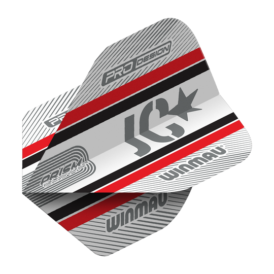 Winmau Alpha Joe Cullen Cullen 85 Standard Flights Das Bild zeigt die Winmau Alpha Joe Cullen 85 Standard Flights für Darts. Das Design ist in Silber, Rot, Schwarz und Weiß gehalten und trägt die Logos "Winmau" und "JC".