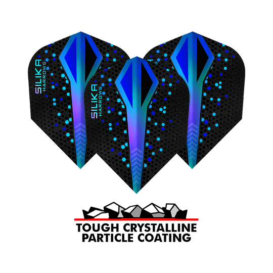 Harrows Silika Colorshift Tough Crystalline Coating Blue No6 Flights Das Bild zeigt drei Harrows Silika Colourshift Tough Crystalline Coating Blue No6 Flights. Darunter befindet sich ein Logo mit der Aufschrift "Tough Crystalline Particle Coating".
