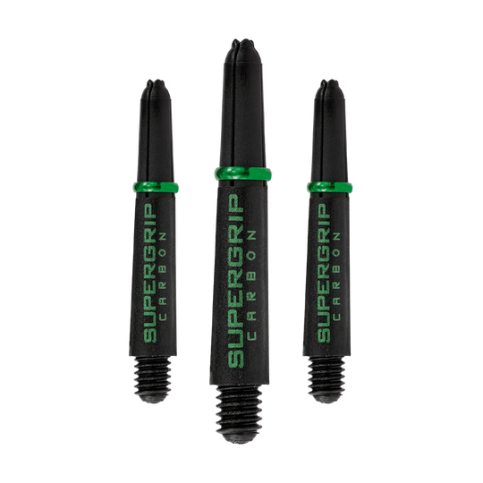 Das Bild zeigt drei schwarze Harrows Supergrip Carbon Shafts mit grünen Ringen. Die Schrift „SUPERGRIP CARBON“ ist in grüner Farbe auf den Schäften zu sehen.