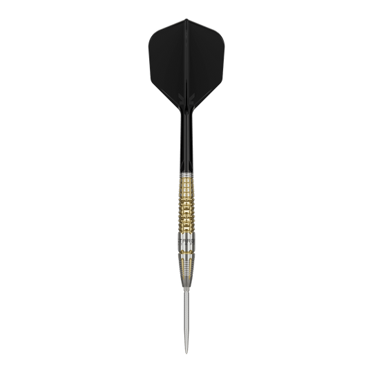 Target Black Marque Warrior Swiss Point Steel Darts Das Bild zeigt einen Target Black Marque Warrior Swiss Point Steeldart. Der Dart hat eine schwarze Flight, einen gold-silbernen Griffbereich und eine spitze Stahlspitze.