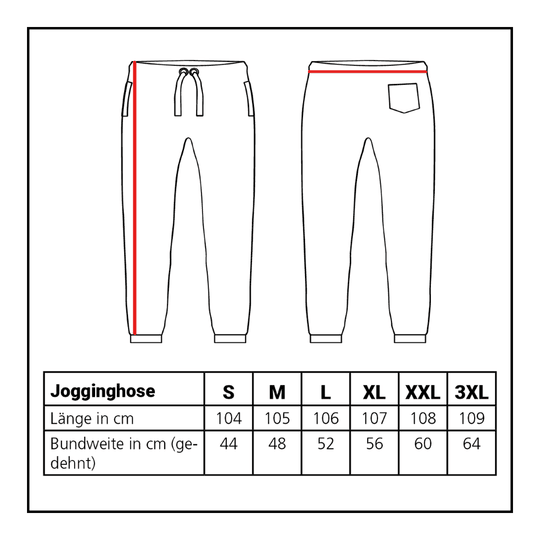 Abgebildet ist die Größentabelle für die Löwen Kollektion Jogger. Die Tabelle hilft bei der Auswahl der passenden Größe.