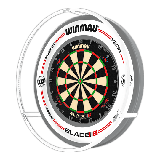 Das Bild zeigt ein Winmau Plasma Ice LED Beleuchtung und Surround Bundle mit einer Dartscheibe. Die Scheibe ist von einem beleuchteten Ring und einem weißen Surround umgeben.