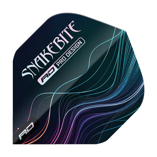 Das Bild zeigt ein Dart-Flight mit dem Aufdruck "SNAKEBITE" und "RD PRO DESIGN". Auf dem Flight sind bunte Linien auf dunklem Hintergrund zu sehen.