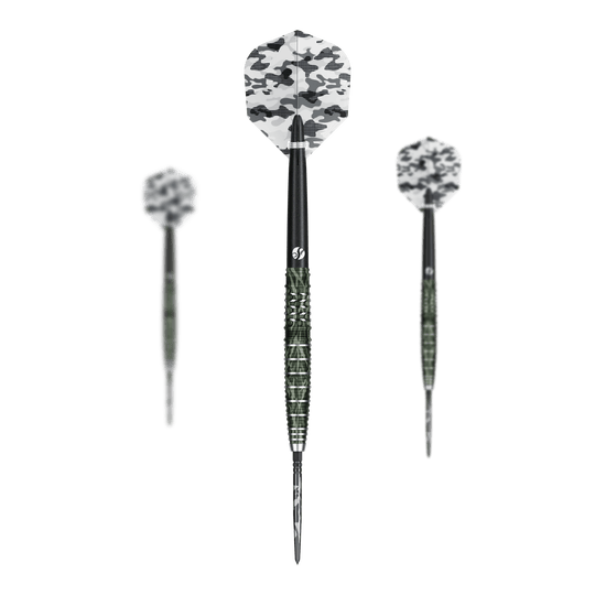 Shot Camo Ghillie Turbo Point Steeldarts - 23g Shot Camo Ghillie Turbo Point Steeldarts 23 Gramm im Set werden gezeigt. Die Darts haben ein spezielles Tarnmuster.