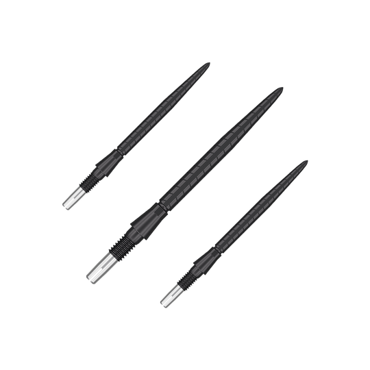 Target Swiss Storm Quartz Dart Tips - Black Das Bild zeigt drei schwarze Dartspitzen mit silbernem Schraubgewinde. Sie sind nebeneinander auf einem transparenten Hintergrund angeordnet.