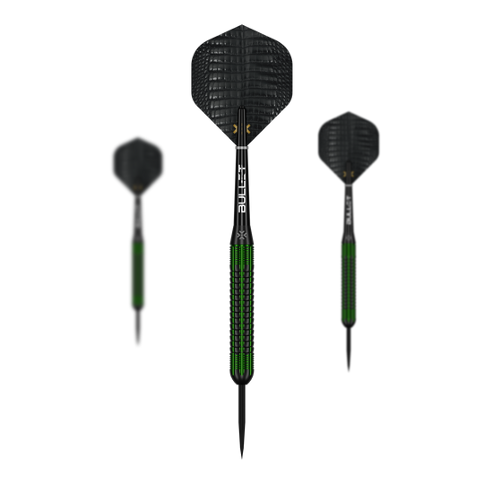 Auf dem Bild ist ein Set der Bullet Gator Brass Steeldarts - 22g zu sehen. Das Set enthält mehrere Darts mit je 22 Gramm Gewicht.