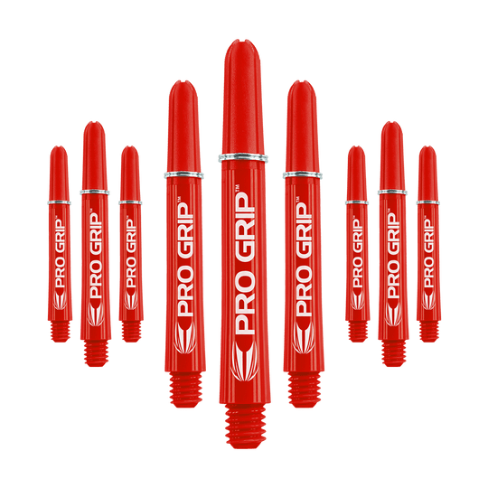 Target Pro Grip Shafts - 3 Sets - Red Das Bild zeigt mehrere rote Dartschäfte mit der Aufschrift "PRO GRIP". Die Schäfte sind in einer symmetrischen Anordnung dargestellt und heben sich deutlich vom Hintergrund ab.