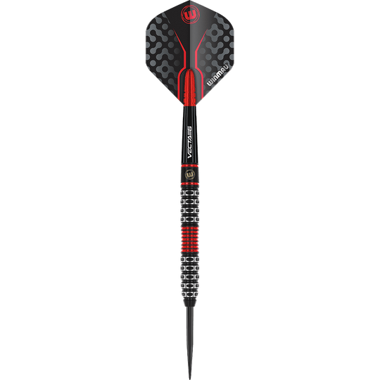 1470_Winmau_Joe_Cullen_Special_Edition_Steeldarts_1YMYzkFUEs5cUN Der Dartpfeil hat ein modernes schwarzes und rotes Design mit silbernen Akzenten. Am Schaft steht „Winmau“ und der Griff hat markante Rillen für besseren Halt.