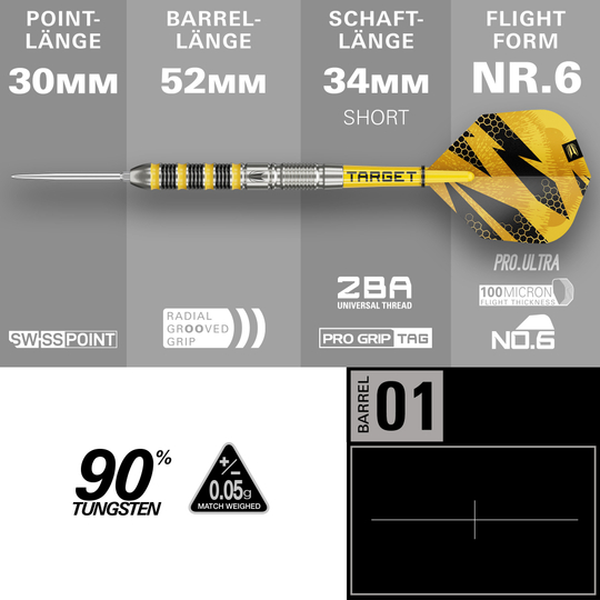 Target Buzz 01 Swiss Points steel darts Das Bild zeigt die Target Buzz 01 Swiss Points Steeldarts. Die Darts sind speziell für Präzision und Leistung entworfen.