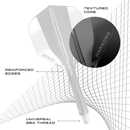 Dies ist das Harrows Solo No6 Flight-Shaft-System in klarer Variante. Es zeigt das moderne Design des Produkts.