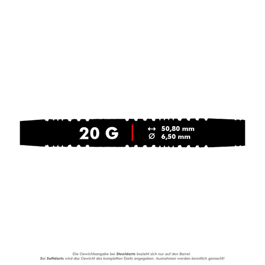 Das Bild zeigt die Maße und das Gewicht des "Red Dragon Peter Wright Double World Champion SE Black Softdarts - 20g". Der Dart wiegt 20 Gramm, ist 50,80 mm lang und hat einen Durchmesser von 6,50 mm.