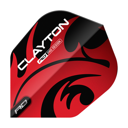Red Dragon Jonny Clayton Red Black No6 Flights Das Bild zeigt ein Dartflight mit dem Namen "Red Dragon Jonny Clayton Red Black No6 Flights". Das Flight ist rot und schwarz gestaltet und trägt den Aufdruck "Clayton".