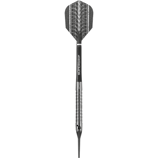 Das Bild zeigt einen Harrows Supergrip 90% Softdart. Der Dart ist silberfarben mit schwarzen Akzenten und einer beschrifteten Flights.