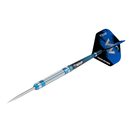 Das Bild zeigt einen Steeldartpfeil mit silber-blauer Riffelung am Barrel. Auf dem Flight steht „Jermaine Wattimena“ und er ist mit dem Produktnamen „Bulls Jermaine Wattimena Generation 3 Steeldarts“ versehen.