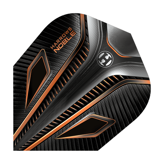 HR5_Harrows_Noble_Rich_Gold_Standard_Flights_1VIiCrVoqALs8u Das Bild zeigt das Produkt "Harrows Noble Rich Gold Standard Flights". Es hat ein modernes Design in Schwarz mit goldenen und silbernen Akzenten.