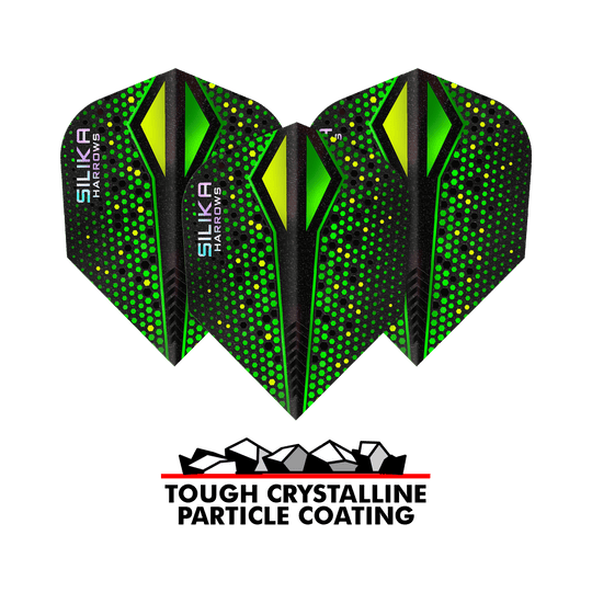 Das Bild zeigt drei grüne Harrows Silika Colourshift Tough Crystalline Coating No6 Flights für Darts. Unten befindet sich ein Logo mit der Aufschrift „Tough Crystalline Particle Coating“.