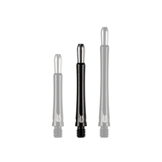 146220_Target_Grip_Style_Aluminium_Shafts_Schwarz_408mm_1lIdzTTY7N9wws Auf dem Bild sind drei unterschiedlich lange schwarze Aluminiumschäfte für Darts zu sehen. Sie stehen nebeneinander aufrecht auf einem neutralen Hintergrund.