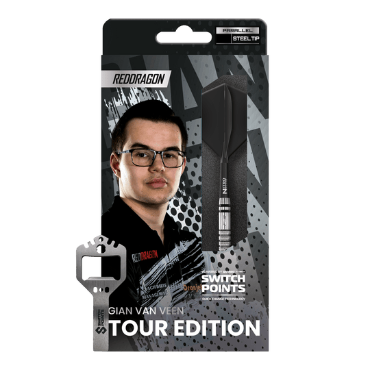 Das Bild zeigt die Red Dragon Gian Van Veen Tour Edition Switch Point Steeldarts - 21g. Die Darts haben ein modernes und robustes Design.