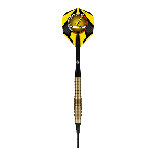 Shot Redline Gizmo Soft Darts - 20g Der "Shot Redline Gizmo Softdart - 20g" ist ein Softdartpfeil mit gelben und schwarzen Flights. Der Dart hat einen goldfarbenen Griff und eine schwarze Spitze.