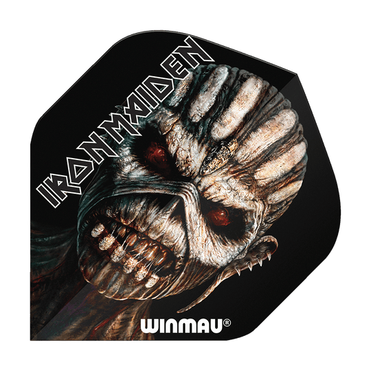 Das Bild zeigt ein Dartflight mit dem Motiv des Iron Maiden Albums "The Book of Souls". Oben steht "IRON MAIDEN" und unten ist das Winmau-Logo abgebildet.