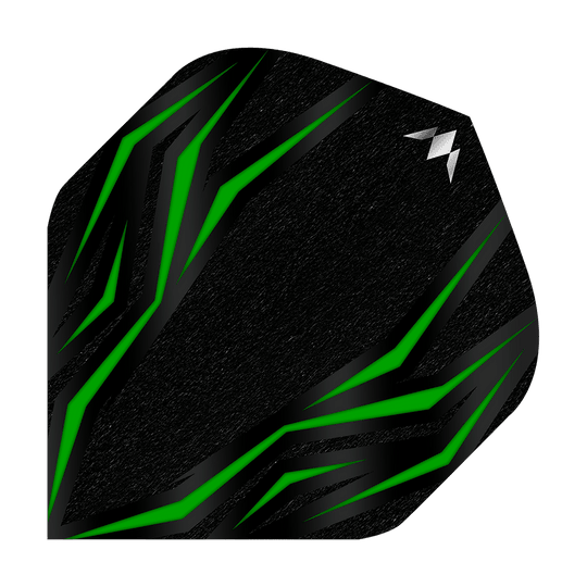 Das Bild zeigt einen schwarzen Dartflight mit grünen, diagonalen Linien. In der oberen rechten Ecke befindet sich ein kleines, silbernes Logo.