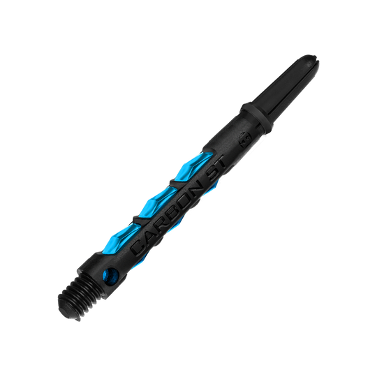 Auf dem Bild ist ein Harrows Carbon ST Shaft in der Farbe Aqua zu sehen. Der Schaft ist schwarz mit blauen Akzenten und besteht aus robustem Carbonmaterial.