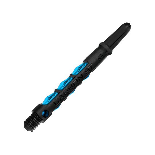 HR412_Harrows_Carbon_ST_Shafts_Aqua_47mm_2 Auf dem Bild ist ein Harrows Carbon ST Shaft in der Farbe Aqua zu sehen. Der Schaft ist schwarz mit blauen Akzenten und besteht aus robustem Carbonmaterial.