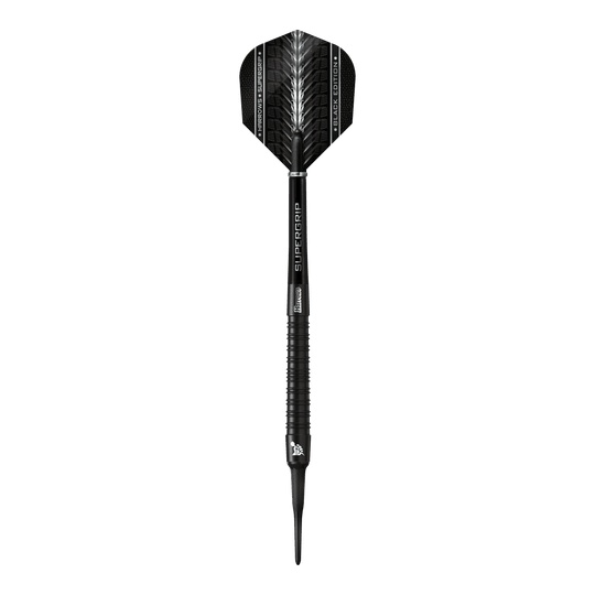 Harrows Supergrip Black Edition soft darts Das Bild zeigt einen Harrows Supergrip Black-Edition Softdart. Der Dart ist komplett in Schwarz gehalten und hat ein modernes, elegantes Design.