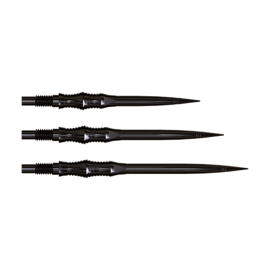 Harrows Quick Point Apex Spire Elite Series Dartspitzen - Schwarz Ein Satz schwarzer Dartspitzen ist horizontal angeordnet und deutlich sichtbar. Die Form zeichnet sich durch eine scharfe Spitze aus.