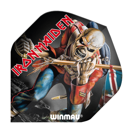 6905-224_Winmau_Rockstar_Legends_Iron_Maiden_Eddie_Standard_Flights_1 Das Bild zeigt ein Dartflight mit dem Motiv von Iron Maiden und dem berühmten Maskottchen Eddie. Auf dem Dartflight steht außerdem der Schriftzug "Winmau" und "Iron Maiden".