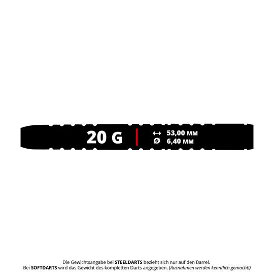Das Bild zeigt die Maße und das Gewicht des Winmau Michael Van Gerwen Evo-X Softdarts mit 20 Gramm. Der Dart ist 53,00 mm lang und hat einen Durchmesser von 6,40 mm.
