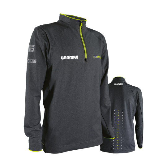 Das Bild zeigt ein dunkelgraues Langarmshirt mit gelben Akzenten und einem Reißverschluss am Kragen. Auf dem Shirt sind die Logos "Winmau" und "MVG" zu sehen.