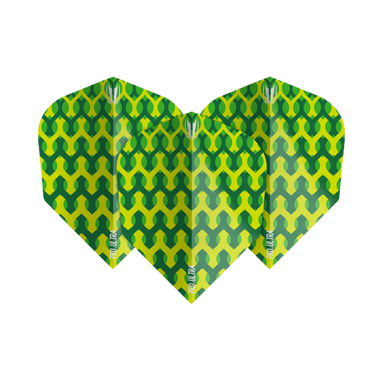 Das Bild zeigt die Target ProUltra Fabric Green Ten-X Flights mit einem leuchtend grünen, geometrischen Muster. Die Flights haben ein auffälliges Design mit gelben und grünen Farbtönen.