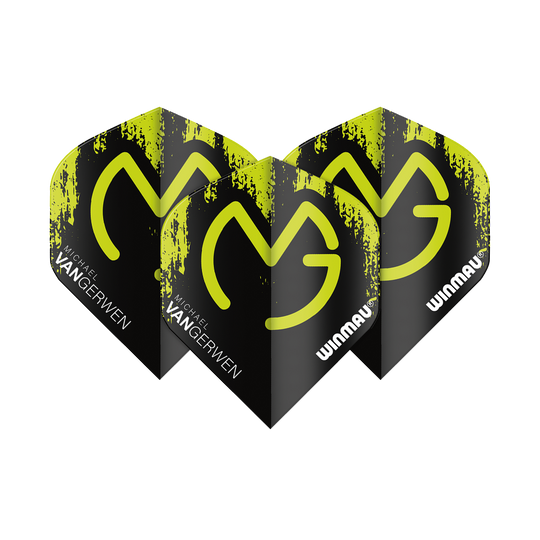 6900-234_Winmau_Mega_MvG_Green_Black_Standard_Flights_1y2NWSWIvwJmBx Das Bild zeigt die Winmau Mega MvG Green Black Standard Flights für Darts. Sie sind schwarz mit grünen Akzenten und tragen die Aufschrift "Michael van Gerwen" sowie "WINMAU".