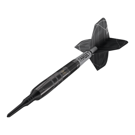 Das Bild zeigt den Softdart „Target Nathan Aspinall X Echo“ mit einem Gewicht von 18 Gramm. Der Dartpfeil ist schwarz und hat ein modernes, geriffeltes Design mit der Aufschrift "TARGET" auf dem Schaft.