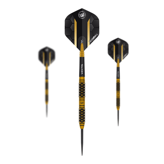 Winmau Team 360 Bradley Van Der Velden Steel Darts - 22g Das Bild zeigt ein Set der Winmau Team 360 Bradley Van Der Velden Steeldarts mit 22g. Das Foto konzentriert sich auf die Zusammenstellung des Dartsets.