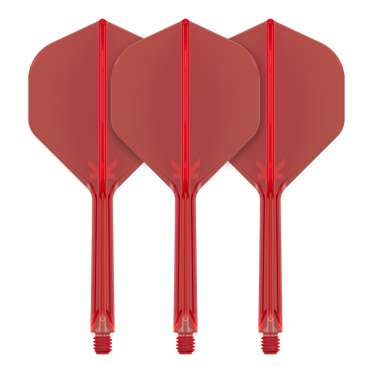 Target K-Flex No2 Standard Flight System - Red Auf dem Bild sind drei rote Dartflights mit Schäften zu sehen. Sie sind nebeneinander ausgerichtet und haben eine standardmäßige Pfeilform.