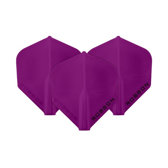Das Bild zeigt drei violette Dartflights der Marke Robson. Auf jedem Flight steht das Wort "ROBSON" in schwarzer Schrift.