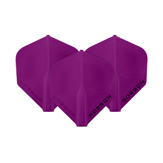 Robson Plus Flights - Standard Das Bild zeigt drei violette Dartflights der Marke Robson. Auf jedem Flight steht das Wort "ROBSON" in schwarzer Schrift.