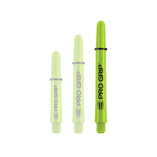 Auf dem Bild sind drei limegrüne Pro Grip Shafts abgebildet. Sie stehen nebeneinander in unterschiedlichen Längen.